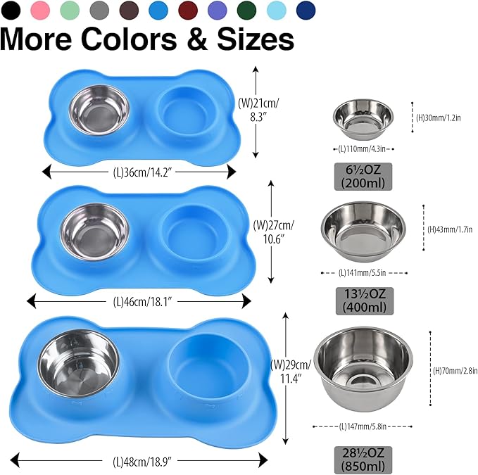 Dog Bowls 2 Stainless Steel Bowl for Pet Water and Food Feeder with Non Spill Skid Resistant Silicone Mat for Pets Puppy Small Medium Cats Dogs