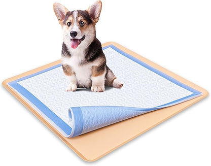 Skywin TidyFriend Dog Pee Pad Holder Tray - Fits Up to 24” x 24” Pee Pad Holder for Dogs - Stable Grip, Raised Edges, Quick-Wipe Silicone Surface Dog Pad Holder for Indoor Flooring Protection (Beige)