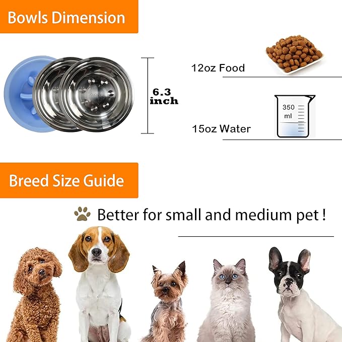 Dog Bowls Stainless Steel Slow Feeder Set with Silicone Mat-100% Waterproof BPA Free Cat and Dog Food Bowls No-Spill and Non-Skid-Pet Feeder Water Bowls for Puppy Medium Dogs Cats