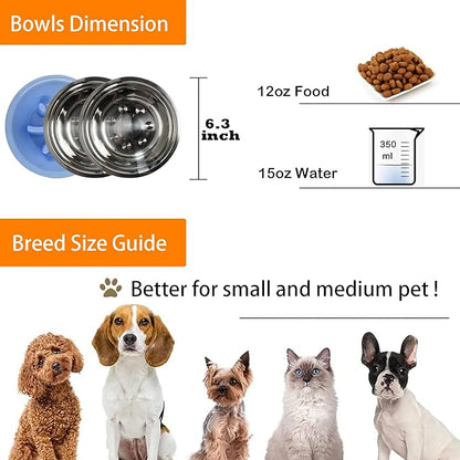 Dog Bowls Stainless Steel Slow Feeder Set with Silicone Mat-100% Waterproof BPA Free Cat and Dog Food Bowls No-Spill and Non-Skid-Pet Feeder Water Bowls for Puppy Medium Dogs Cats