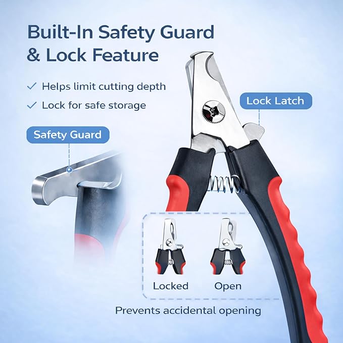 Dog & Cat Nail Clippers & Trimmers - Extra Sharp Dog Clippers with Stainless Steel Blades & Safety Guard to Avoid Overcutting - Ergonomic Cat Nail Clippers with Non-Slip Grip & Lock Feature