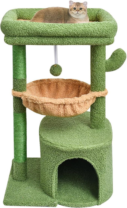 SYANDLVY Cactus Cat Tree for Indoor Cats, Green Activity Cat Tower with Scratching Post for Kittens, Modern Cat Furniture with Basket & Hanging Ball for Play Rest