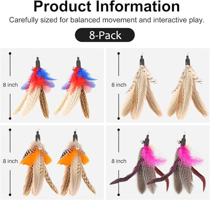 Cat Feather Wand Refills, Assorted Handmade Bird Feather Replacements, Interactive Cat Toy Refills for Indoor Cats & Kittens(8 pcs, Colorful)