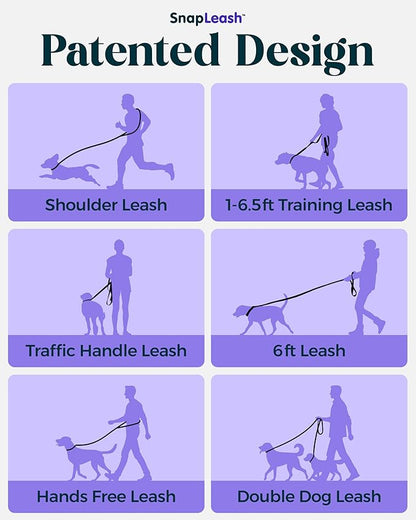 Hands-Free Dog Leash Training Running Snapleash, Waist & Shoulder Lead for Walking, Traffic Lead, Dual Pet Leash Adjustable for Large, Medium and Small Dog Breeds (Black, Large (1in x 7.5ft))