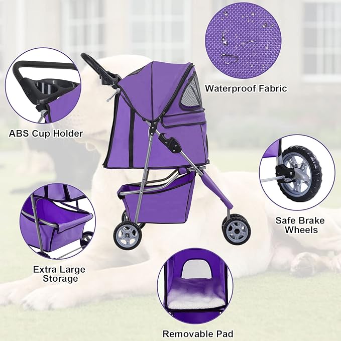 BestPet 3 Wheels Pet Stroller Dog Cat Cage Jogger Stroller Waterproof Puppy Travel Folding Carrier with Cup Holder,Purple