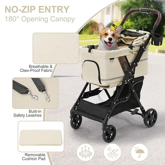 NO-Zip Pet Stroller for Small Dogs & Cats, Lightweight Dog Stroller with Reflective Safety Strips, One-Hand Fold, Claw-Proof Mesh, Breathable Travel Carriage, 33lbs Capacity, White