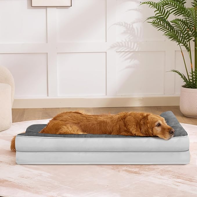 Dog Bed Large Sized Dogs, XL Orthopedic Dog Bed for Large Dogs 42"x30"x7.5", Waterproof Pet Bed with Washable Removable Cover, L-Shaped Pet Couch with Portable Handle, Grey Flannel