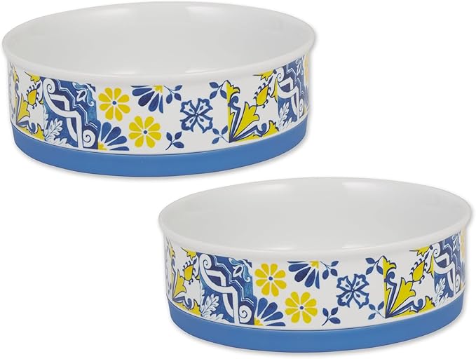 Bone Dry Ceramic Food Bowls, Non-Slip & Dishwasher Safe, Large Set, 7.5x2.4, Azulejos Tile, 2 Piece