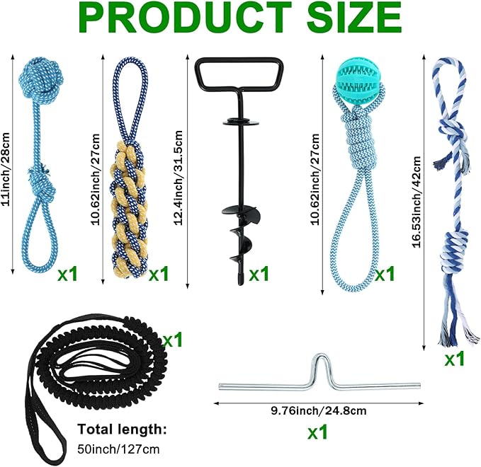 Tether Tug Outdoor Dog Toy with Stake and Adjustable Safety Rope Interactive Exercise Game in Yard, Tether Tug with 4 Chew Toy for Large, Medium & Small Dogs on Lawns or Trees