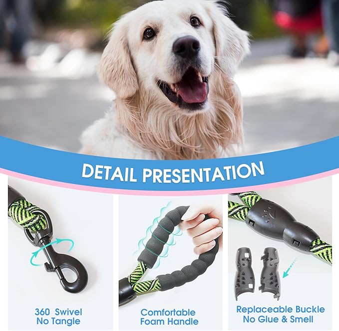 BAAPET 2/4/5/6 FT Dog Leash with Comfortable Padded Handle and Highly Reflective Threads for Small Medium and Large Dogs (5FT-1/2'', Black Green)