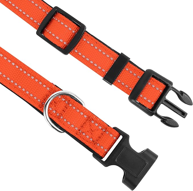 Reflective Dog Collar, Adjustable Soft Neoprene Padded Nylon Pet Collars with Buckle for Extra Large Dogs, Orange,XL