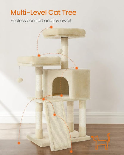 Feandrea Cat Tree, 45.3-Inch Cat Tower, Plush Condo with Scratching Post, Ramp, Perch, Spacious Cave, for Small Space, Beige UPCT141M01