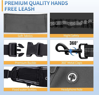 Hands Free Dog Leash with Pouch, Waist Leash for Dog Walking Bungee Leashs Reflective Dual Padded Handles, Running leashe for Dogs Large & Medium Dogs
