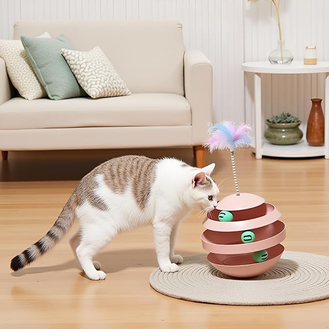 Interactive Cat Toy for Indoor Cats, 3-Layer Ball Track with Tumbler Base & Feather, Self-Play Kitten Toy to Reduce Boredom & Anxiety, Durable Interactive Pet Toy for Kittens and Adult Cats (pink)