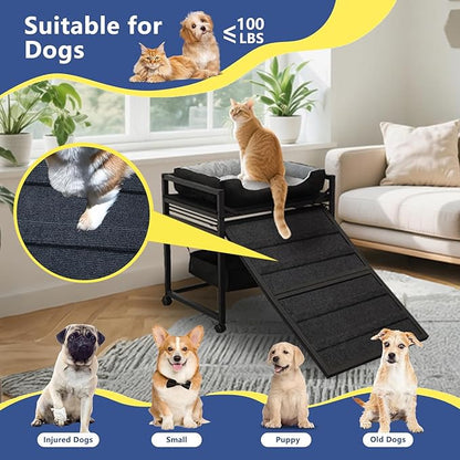 Movable Structure Pet Stairs Ramp with seat Mate Cats/Dogs Chair with ramp high beds, Folding Pet Steps for Large, Medium and Small Dogs, Cat Ladder, with Storage Cabinet