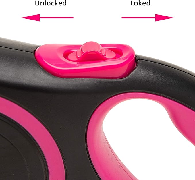 PINA Retractable Dog Leash, 16ft Dog Leash for Small Medium Dogs Up to 44lbs, 360° Tangle-Free Strong Reflective Nylon Tape, with Anti-Slip Handle, One-Handed Brake, Lock - Black Pink