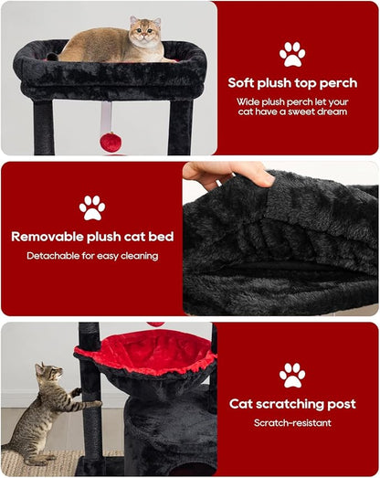 SYANDLVY Gothic Cat Tree with Coffin Bed for Indoor Cats, Small Cat Tower with Scratching Post, Modern Activity House Condo with Cradle, Kittens Cave, Black & Red