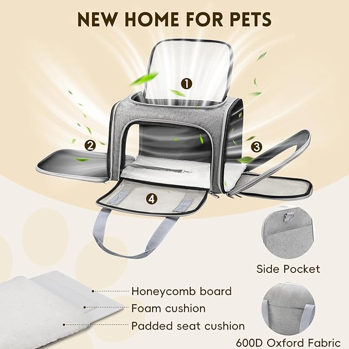 Cat Carrier Soft, Dog Carriers for Small Dogs/Large Cats (Up to 16lbs), with High Breathability, Shoulder Strap, Removable Pad, Pet Carrier Airline Approved, for Home Outdoor Travel (Gray)