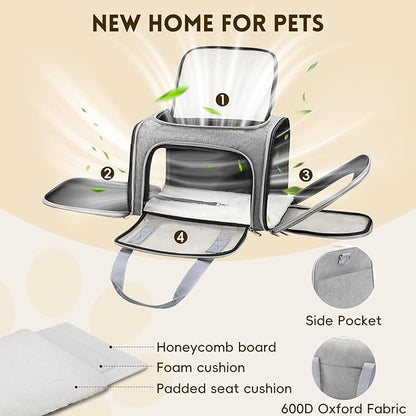 Cat Carrier Soft, Dog Carriers for Small Dogs/Large Cats (Up to 16lbs), with High Breathability, Shoulder Strap, Removable Pad, Pet Carrier Airline Approved, for Home Outdoor Travel (Gray)