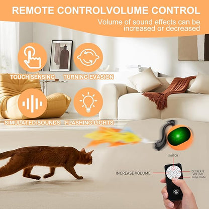 Interactive Remote Control Cat Toy Ball,Smart Motion-Activated Self-Rolling Ball with Sound&LED&Detachable Feather,Rechargeable Indoor Hunting Exercise Toy for Bored Indoor Cats and Kittens Orange