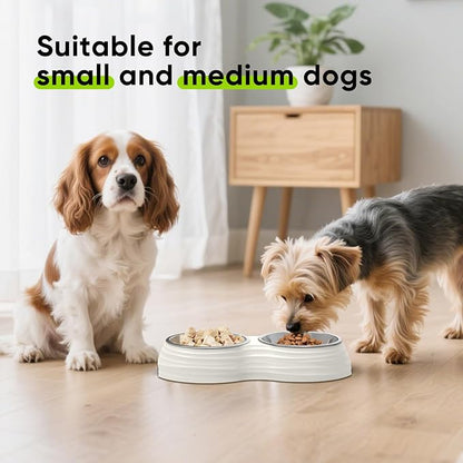 Stainless Steel Dog Bowls Set, Double Food & Water Bowls for Dogs, Dual Dog Food Bowl with 2 Medium (14oz*2) Bowl, Non-Slip Pet Bowls Suitable for Puppies, Cats and Medium Breed Dogs (White)