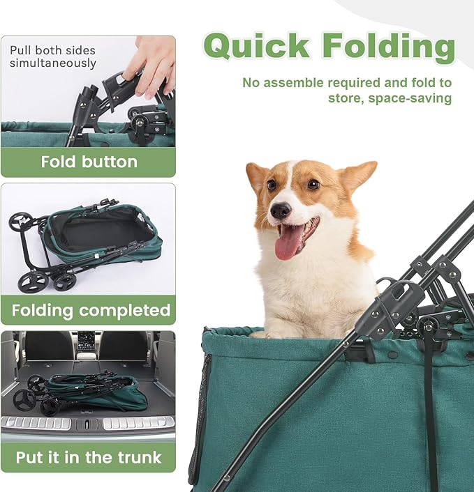 20% Larger Capacity, Wedyvko Dog Stroller for Medium/Small Pets w/Dog Poop Bags & Dispenser, Storage Pouch, Zipperless, Entry in/Out Easy (Dark Green)