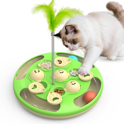 Cat Puzzle Toys Games Level 3 in 1 with Track Balls, Feather Teaser & Treat Feeder | Non-Slip Base | Mental Stimulation Enrichment for Indoor Cats | Kitty Gift, Green