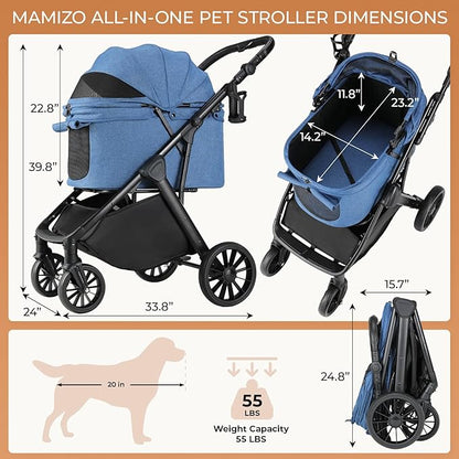 MAMIZO Foldable Dog Stroller for Medium Dogs Cats Up to 55 Lbs, Adjustable Height Handle, Pet Stroller with Aluminum and Carbon Steel Frame, Sun Shades, Storage Basket & Shock Absorbers, All-Terrain