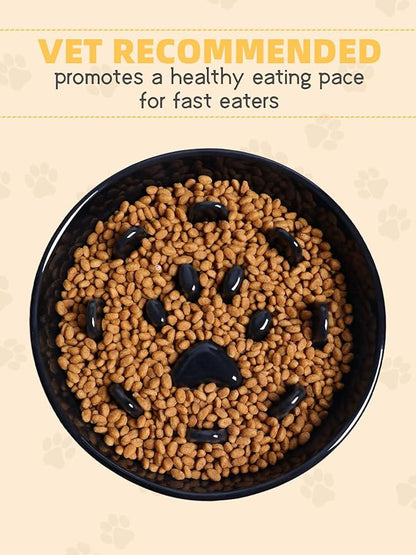 Dog Slow Feeder Bowl, Round Ceramic Pet Food Bowl for Medium Breed, Fun Raised Dog Bowls to Slow Down Eating (Black)