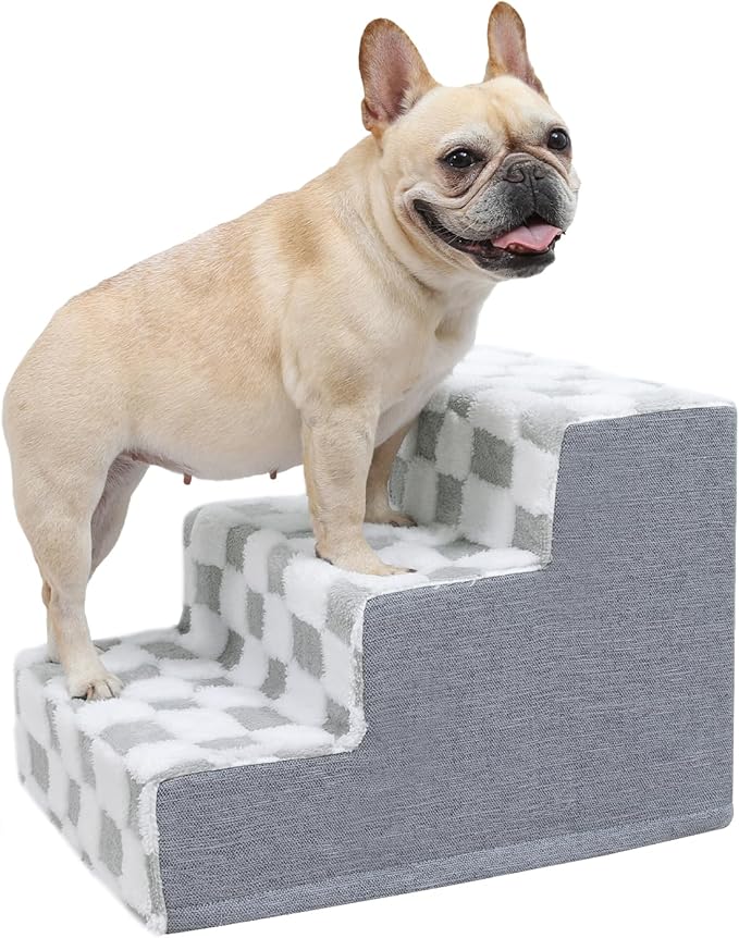 KSIIA Dog Stairs for Small Dogs & Cats Pet Stairs Supportive 3-Tier Pet Steps for Bed Couch Sofa Chair, No-Slip Cat Steps with Removable Washable Cover, 18" D x 15" W x 13" H, Grey