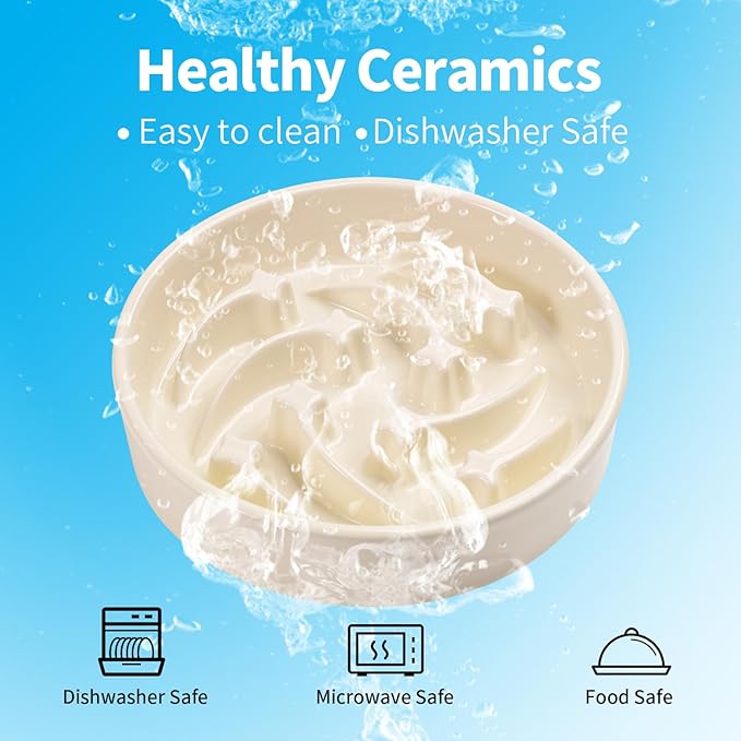 8.26 in Milk White Dog Bowl Slow Feeder Ceramic for Medium and Large Breed,Elevated/Raised Slow Feeding Dog Food Water Dish Heavy Weighted,Puzzle Eating Bowl Modern Maze Meteor