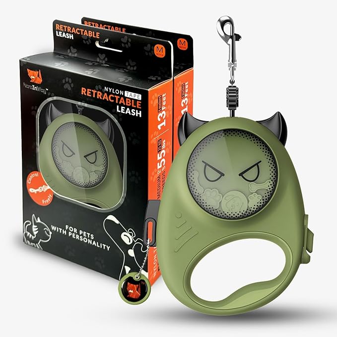 Retractable Dog Leash – 13ft Strong Nylon Tape, Auto-Locking, Tangle-Free, One-Touch Brake, Comfortable Grip – Fun Halloween Design for Small Dogs up to 33 lbs, Haminway Cheeky Imp Design
