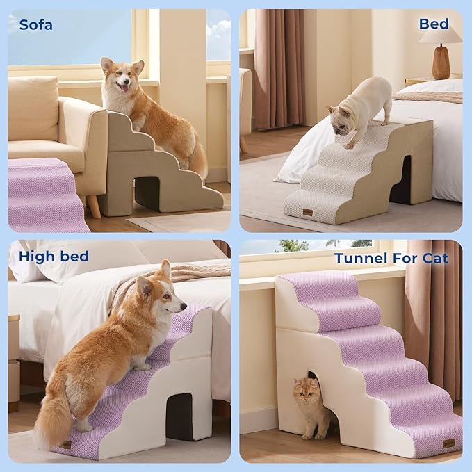 Dog Steps for High Beds - 5 Step 24" H Pet Stairs with Tunnel 2 in 1 with Zippers Suitable for Small Dogs and Cats, Indoor Cat Ladders with Non-Slip Bottom, Beige