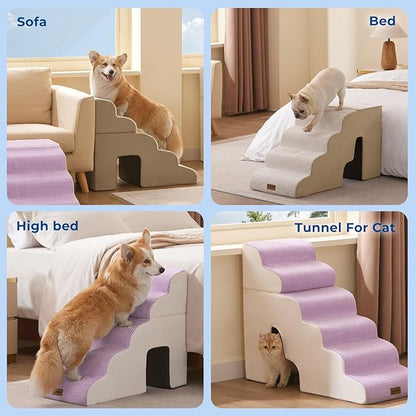 Dog Steps for High Beds - 6 Step 29" H Pet Stairs with Tunnel 2 in 1 with Zippers Suitable for Large Dogs and Cats, Indoor Cat Ladders with Non-Slip Bottom, Beige