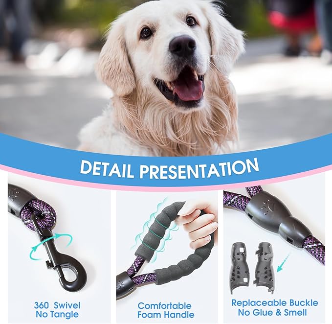 BAAPET 2/4/5/6 FT Dog Leash with Comfortable Padded Handle and Highly Reflective Threads for Small Medium and Large Dogs (5FT-1/2'', Black Purple)