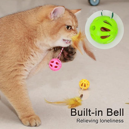 3-in-1 Cat Toy Balls with Feather, Silvervine Stick and Inside Bell, Colorful Lattice Interactive Bell Balls for Indoor Cats and Kittens, Cat Teeth Cleaning Toys, 6 Pcs
