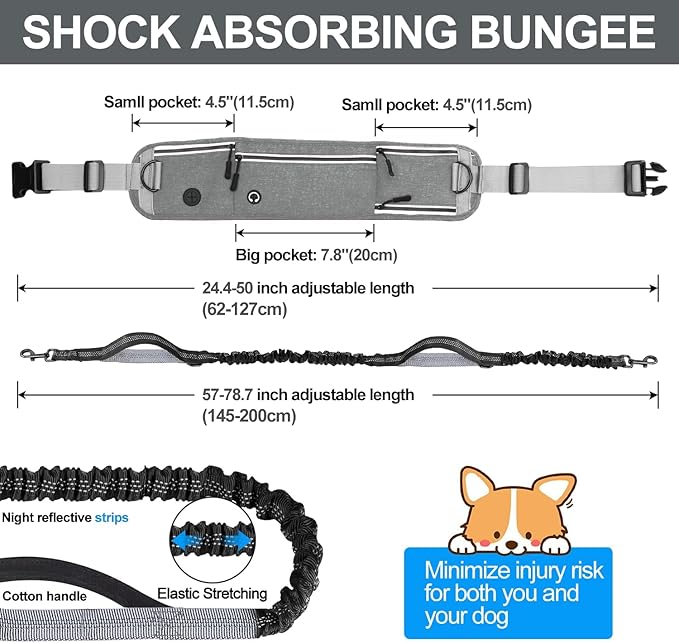 Hands Free Dog Leash with Zipper Pouch, Waist Leash for Dog Walking and Running, Dual Padded Handles, Shock-Absorbing Bungee for Medium to Large Dogs