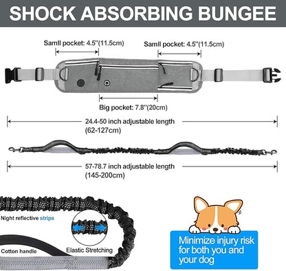 Hands Free Dog Leash with Zipper Pouch, Waist Leash for Dog Walking and Running, Dual Padded Handles, Shock-Absorbing Bungee for Medium to Large Dogs