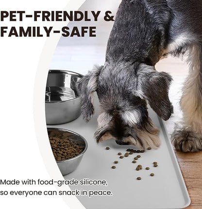 VIVAGLORY Dog Food Mat Flexmat Dog Bowl Mat, Placemat Food Tray with Raised Edges & Lip for Indoor Floor, Non Slip Waterproof Silicone Dish Placemat for Cat & Pet, L, Light Grey