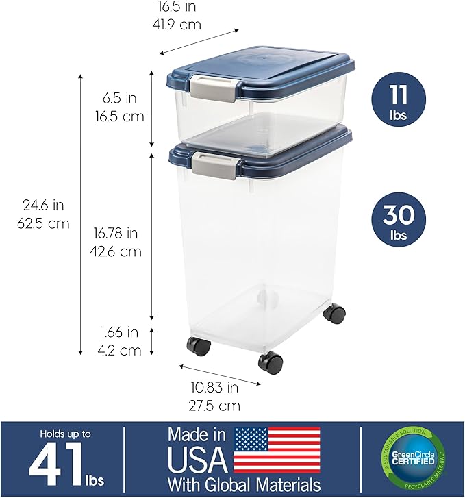 IRIS USA Dog Food Storage Container 30 lb + 11 lb, Stackable Combo Set, Airtight Pet Food Storage Bins with Wheels for Dog Cat Bird Chicken Food, BPA Free, Made in USA, Navy