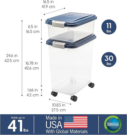 IRIS USA Dog Food Storage Container 30 lb + 11 lb, Stackable Combo Set, Airtight Pet Food Storage Bins with Wheels for Dog Cat Bird Chicken Food, BPA Free, Made in USA, Navy