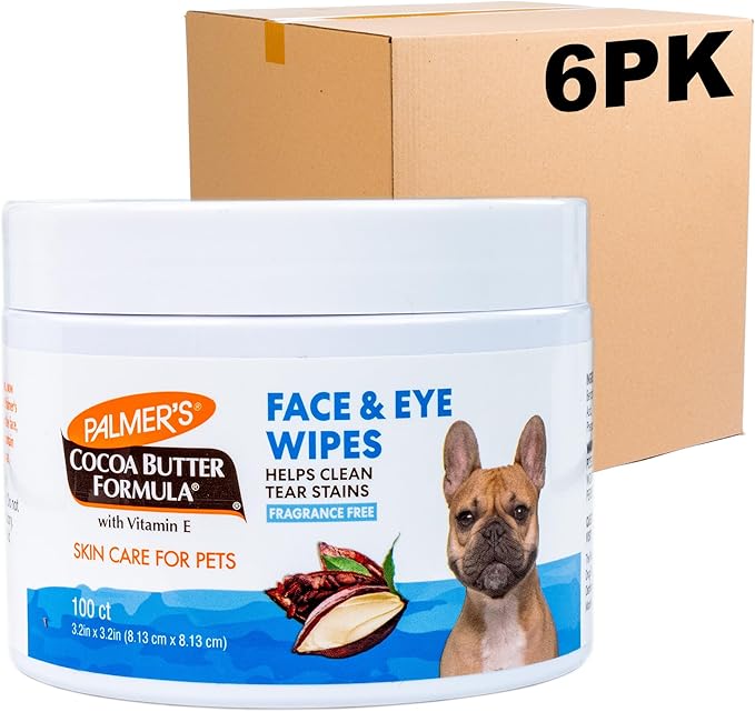 Palmer’s for Pets Face and Eye Dog Wipes with Cocoa Butter, Gentle Tear Stain and Facial Cleaning Wipes for Sensitive Areas and Daily Grooming Care, Unscented, 100 Count - 6 Pack