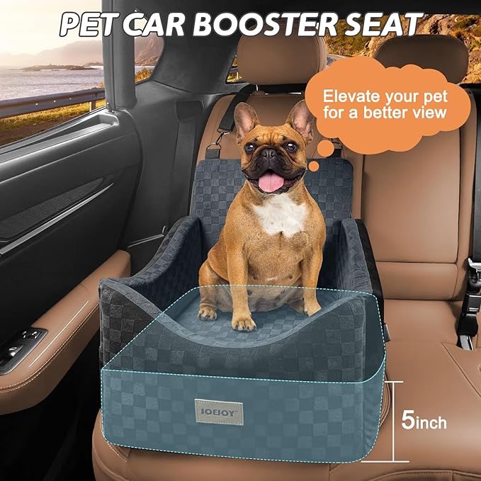 JOEJOY Elevated Dog Car Seat for Small/Medium Dogs up to 35 lbs, Memory Foam Booster Seat with Detachable Washable Cover, Travel-Safe Car Bed with Safety Belts & Storage Pockets, Dark Grey