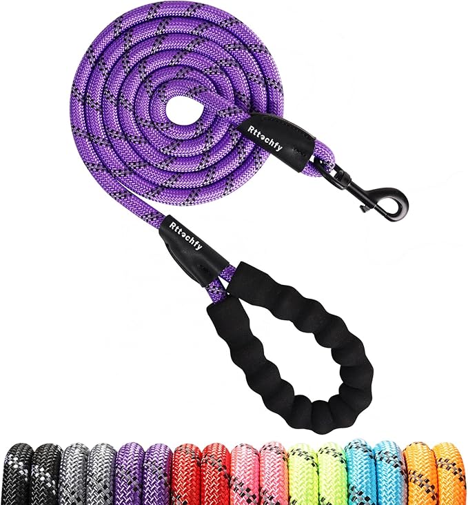 Rttochfy Rope Dog Leash 2/4/5/6/8/10 FT with Comfortable Padded Handle and Highly Reflective Threads for Small Medium and Large Dogs Heavy Duty (1/2"-8 FT, Purple)