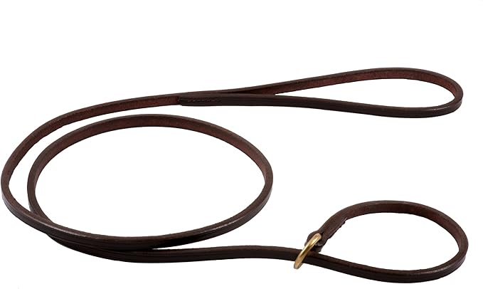 Alvalley Dog Training Flat Slip Lead - British Style Durable Leather Dog Leash - Smooth and Soft to Hold - Thin and Adjustable Slip Lead for Training, Walking, & Showing (Brown, 4ft Long, 5 mm Thick)