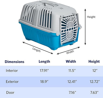 MidWest Homes for Pets Spree Travel Carrier - Hard-Sided Dog & Cat Carrier, Small Pet Travel Crate with Handle, Ventilated Design, Durable Plastic Door, Easy Assembly, 19-Inch, Blue