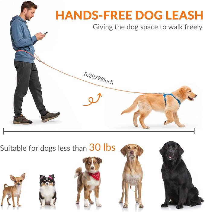 8.2ft Hands Free Dog Leash,Versatile Waist & Crossbody Lead for Medium Dogs,Waterproof & Adjustable for Running Jogging Walking, 360° Swivel Metal Buckle (Orange)