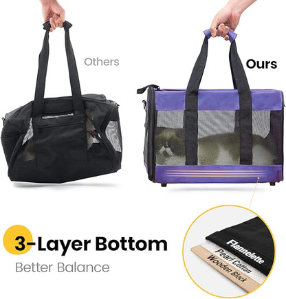 Dog Carrier Soft Sided, Large Cat Carrier with Inner Safety Leash, Pet Transport Carrier for Large Cats and Medium Dogs up to 20 Lbs, Collapsible Travel Puppy Carrier Bag -Purple L