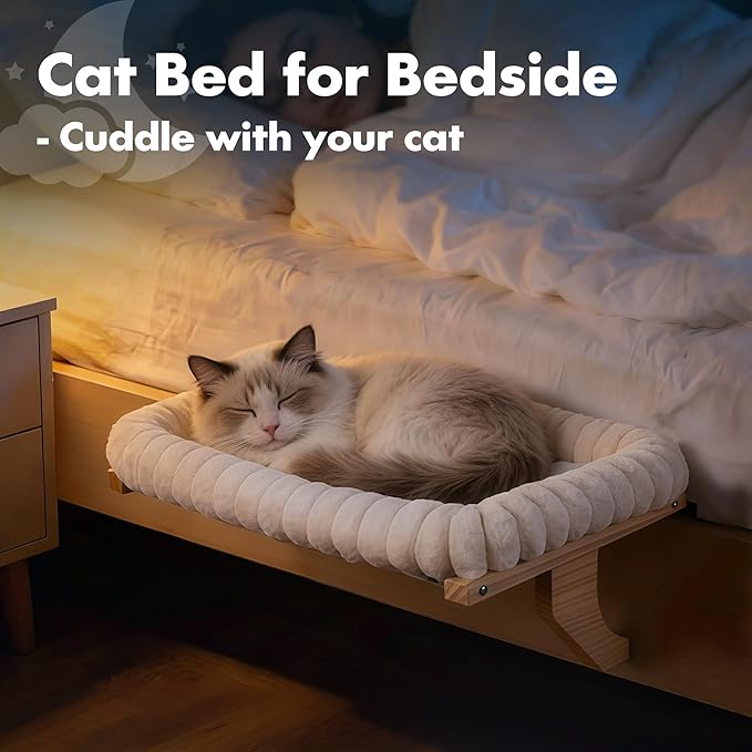 Cloud-Cuddle Cat Perch for Window Sill with Bolster, Natural Wood & Metal Frame Cat Window Seat for Large Cats, Easy to Adjust Zipper Cushion Pet Bed for Windowsill (Large)