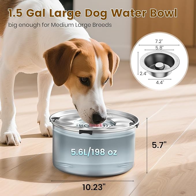 Dog Water Bowl 1.5Gal/5.6L Stainless Steel No Spill Water Bowl for Dogs Spill Proof Slow Drinking Dog Water Feeder with Anti-Slip for Medium Large Messy Drinkers